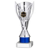SILVER/BLUE PLASTIC 'FLASH' CUP ASSEMBLED ON MARBLE (1in CEN) - 8in